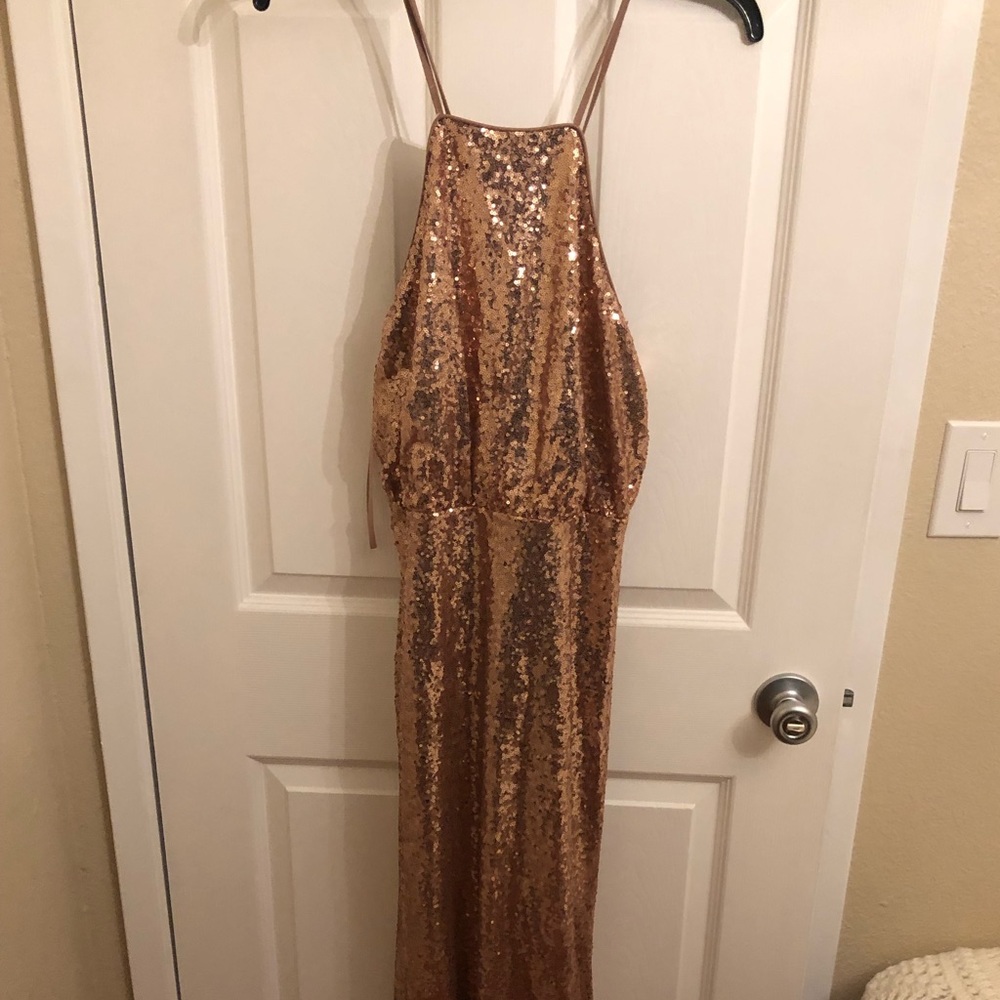 Long rose gold sequence prom dress